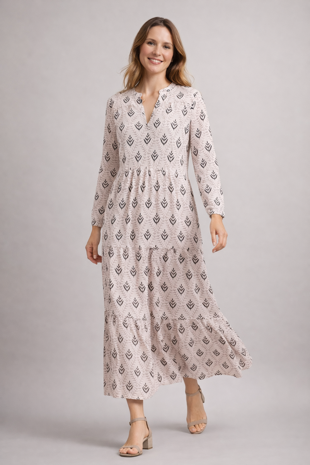 Women's Floor-Length Maxi Dress with Block Print, Tiered Skirt, V-Neck with Stand Collar and Long Sleeves