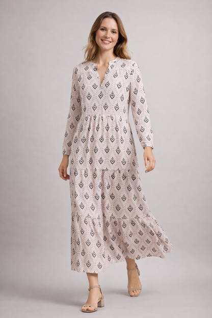 Women's Floor-Length Maxi Dress with Block Print, Tiered Skirt, V-Neck with Stand Collar and Long Sleeves