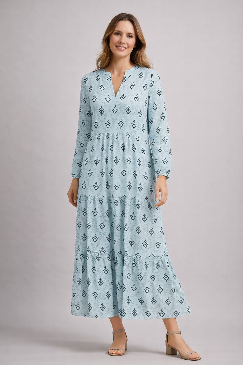 Women's Floor-Length Maxi Dress with Block Print, Tiered Skirt, V-Neck with Stand Collar and Long Sleeves