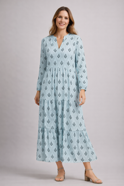 Women's Floor-Length Maxi Dress with Block Print, Tiered Skirt, V-Neck with Stand Collar and Long Sleeves
