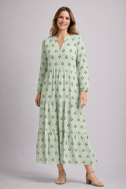 Women's Floor-Length Maxi Dress with Block Print, Tiered Skirt, V-Neck with Stand Collar and Long Sleeves