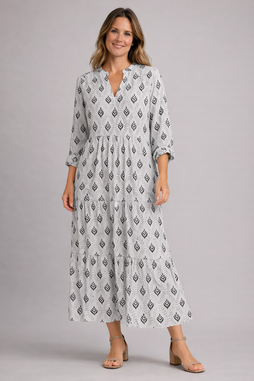 Women's Floor-Length Maxi Dress with Block Print, Tiered Skirt, V-Neck with Stand Collar and Long Sleeves