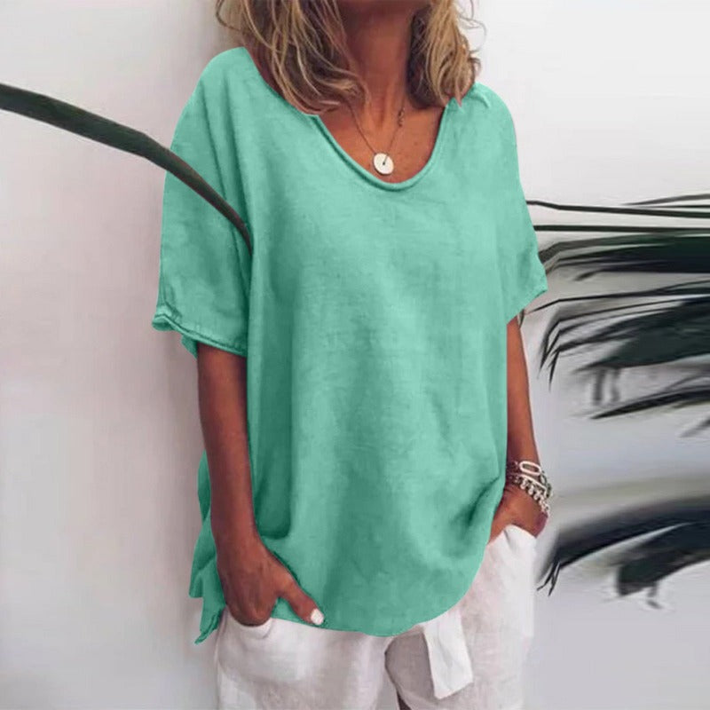 Women's Oversized Shirt with U-Neckline and Contrast Stitching Short Sleeves in Cotton Blend Loose Fit