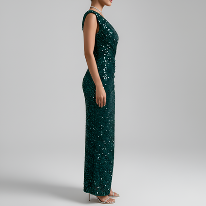 Women's Evening Dress Sequin One Shoulder with High Side Slit Bodycon Maxi with Hip Ruching