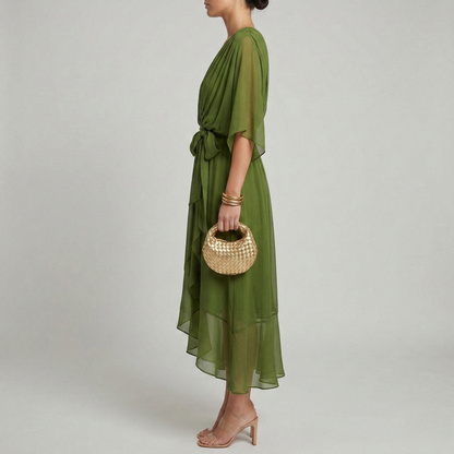 Women's Maxi Dress Chiffon with Wrap Front and Waist Belt Kimono Sleeves High-Low Hem V-Neck