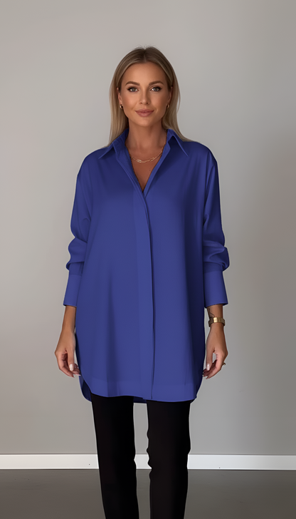 Women's Tunic Shirt Oversize Cotton with Hidden Button Placket Shirt Collar Long Sleeves