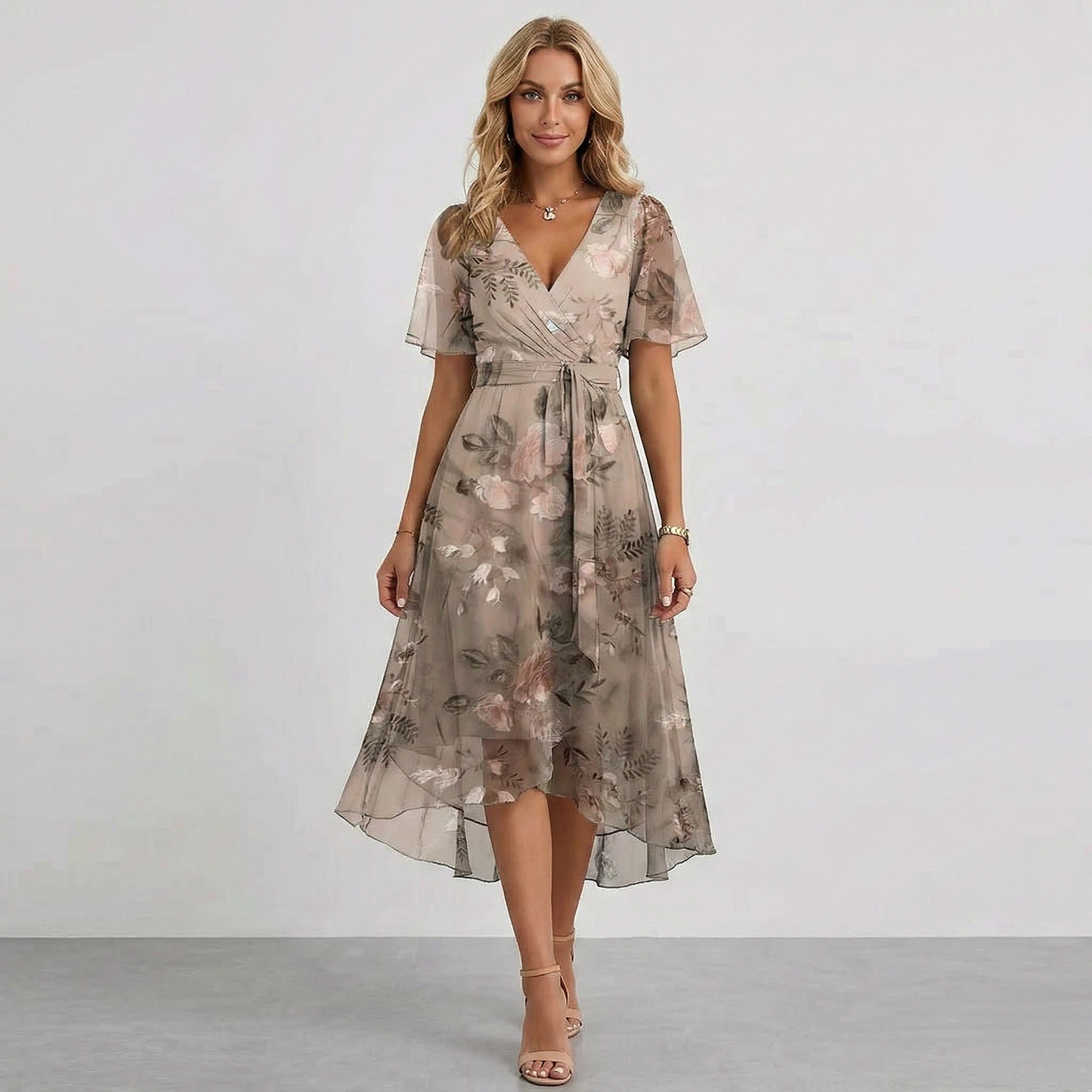 Women's Midi Dress with Floral Pattern V Wrap Neck Flutter Sleeves and Hi-Low Hem Chiffon