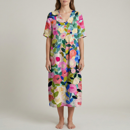 Women's Maxi Dress Cotton with Watercolor Floral Pattern V-Neck Short Sleeves Empire Cut Loose Fit