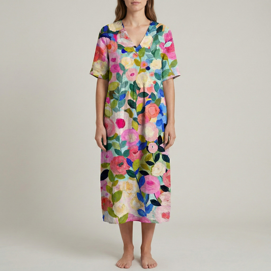 Women's Maxi Dress Cotton with Watercolor Floral Pattern V-Neck Short Sleeves Empire Cut Loose Fit