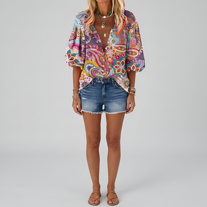 Damen Bluse mit Vintage Botanischem Print Knopfleiste und Bishop Sleeves Hüftlang aus Leichtem Mischgewebe