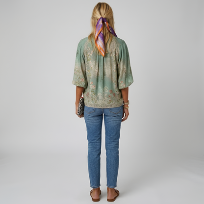 Damen Bluse mit Vintage Botanischem Print Knopfleiste und Bishop Sleeves Hüftlang aus Leichtem Mischgewebe