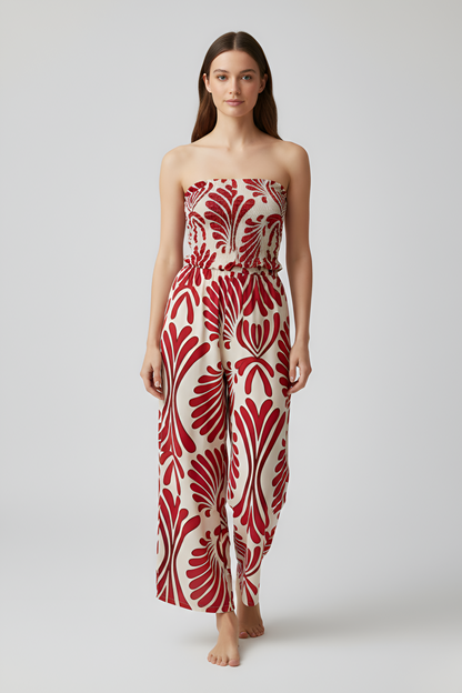 Women's Bandeau Jumpsuit with Mandala Print, Smocked Bustier, Wide Palazzo Legs, Strapless Summer