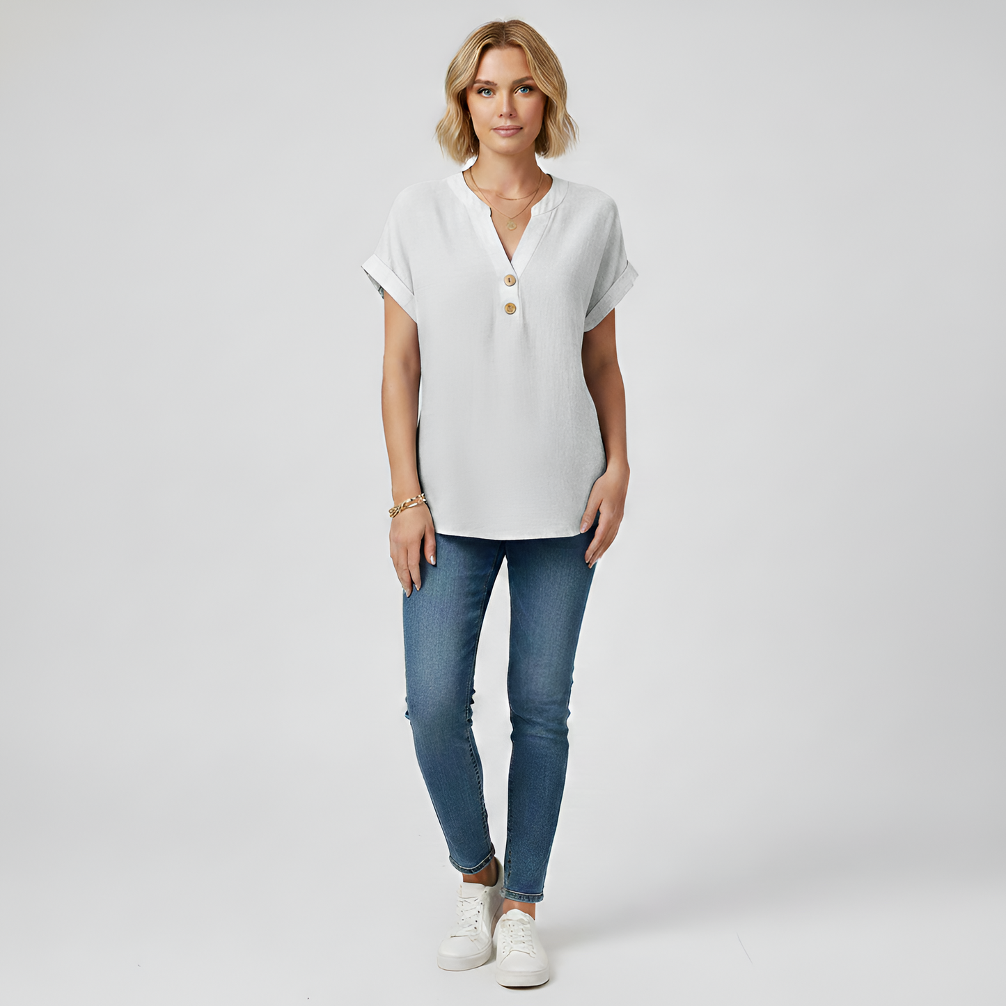 Women's Henley Blouse Cotton with V-Neck Stand Collar Short Sleeves with Cuff Hip Length Loose Fit