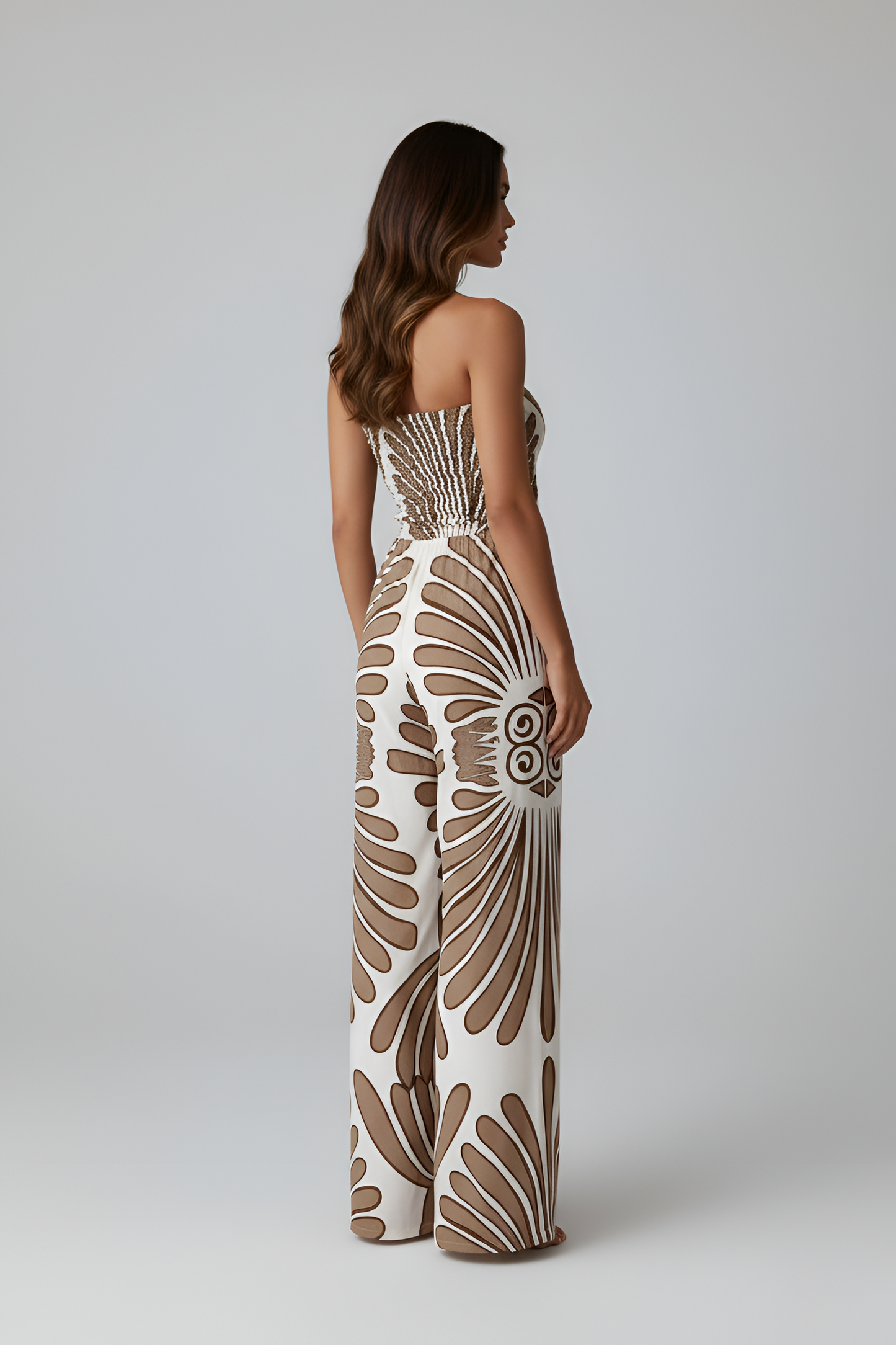 Women's Bandeau Jumpsuit with Mandala Print, Smocked Bustier, Wide Palazzo Legs, Strapless Summer