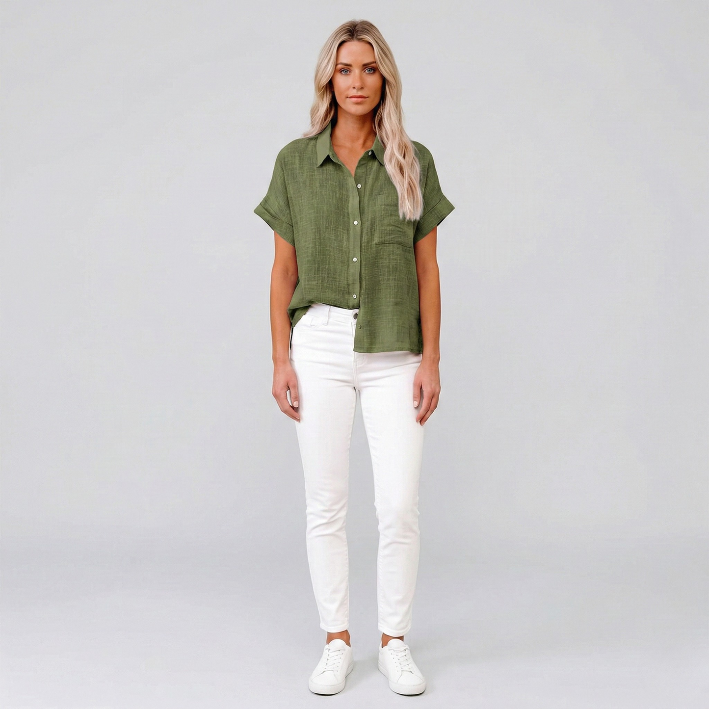 Women's Linen Blouse Short Sleeves with Button Placket Pointed Collar and Chest Pocket Drop Shoulder Cut