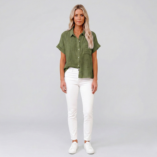 Women's Linen Blouse Short Sleeves with Button Placket Pointed Collar and Chest Pocket Drop Shoulder Cut
