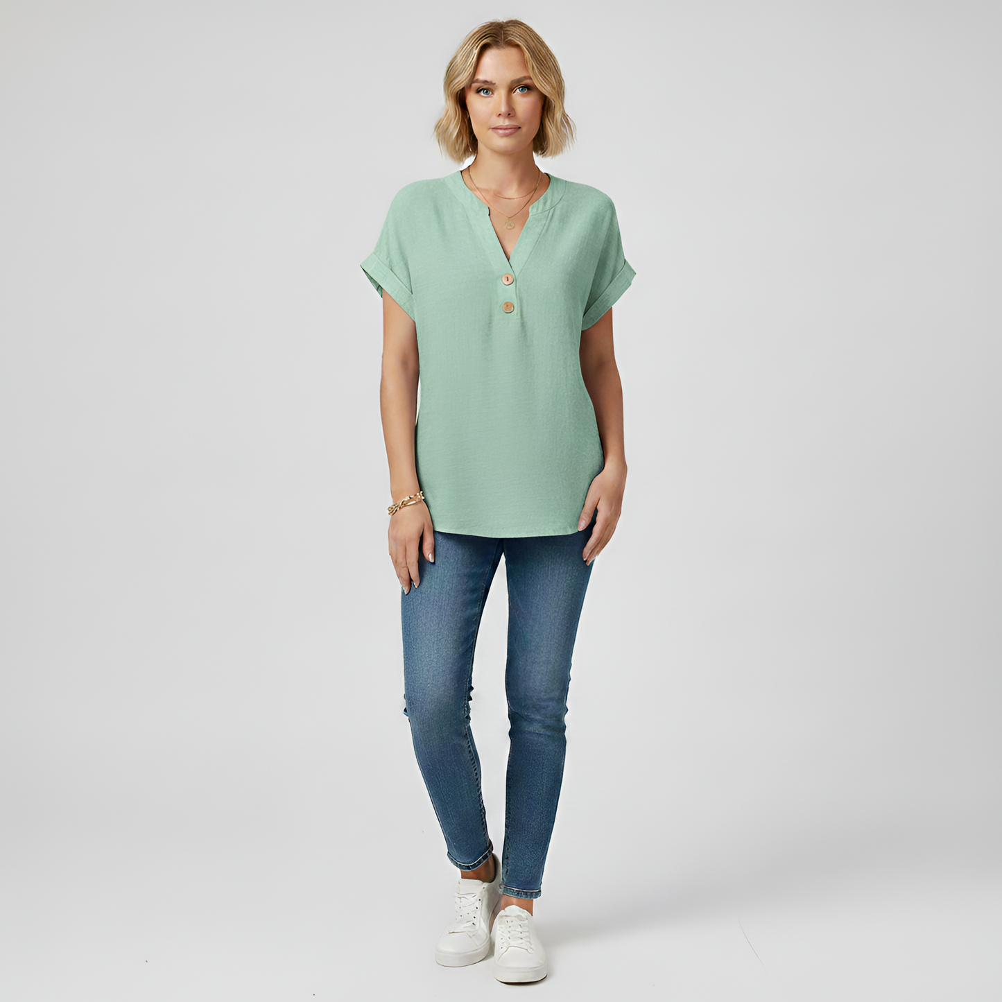 Women's Henley Blouse Cotton with V-Neck Stand Collar Short Sleeves with Cuff Hip Length Loose Fit