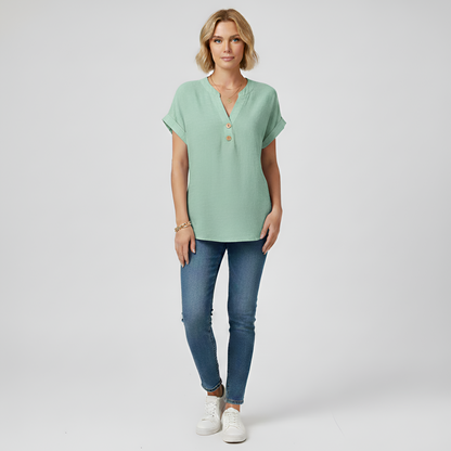 Women's Henley Blouse Cotton with V-Neck Stand Collar Short Sleeves with Cuff Hip Length Loose Fit