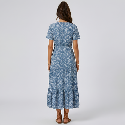 Women's Maxi Dress with Ditsy Floral Print, Button Front, Tie Belt, V-Neck, Flutter Sleeves, Front Slit