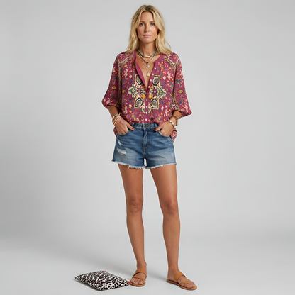 Damen Bluse mit Vintage Botanischem Print Knopfleiste und Bishop Sleeves Hüftlang aus Leichtem Mischgewebe