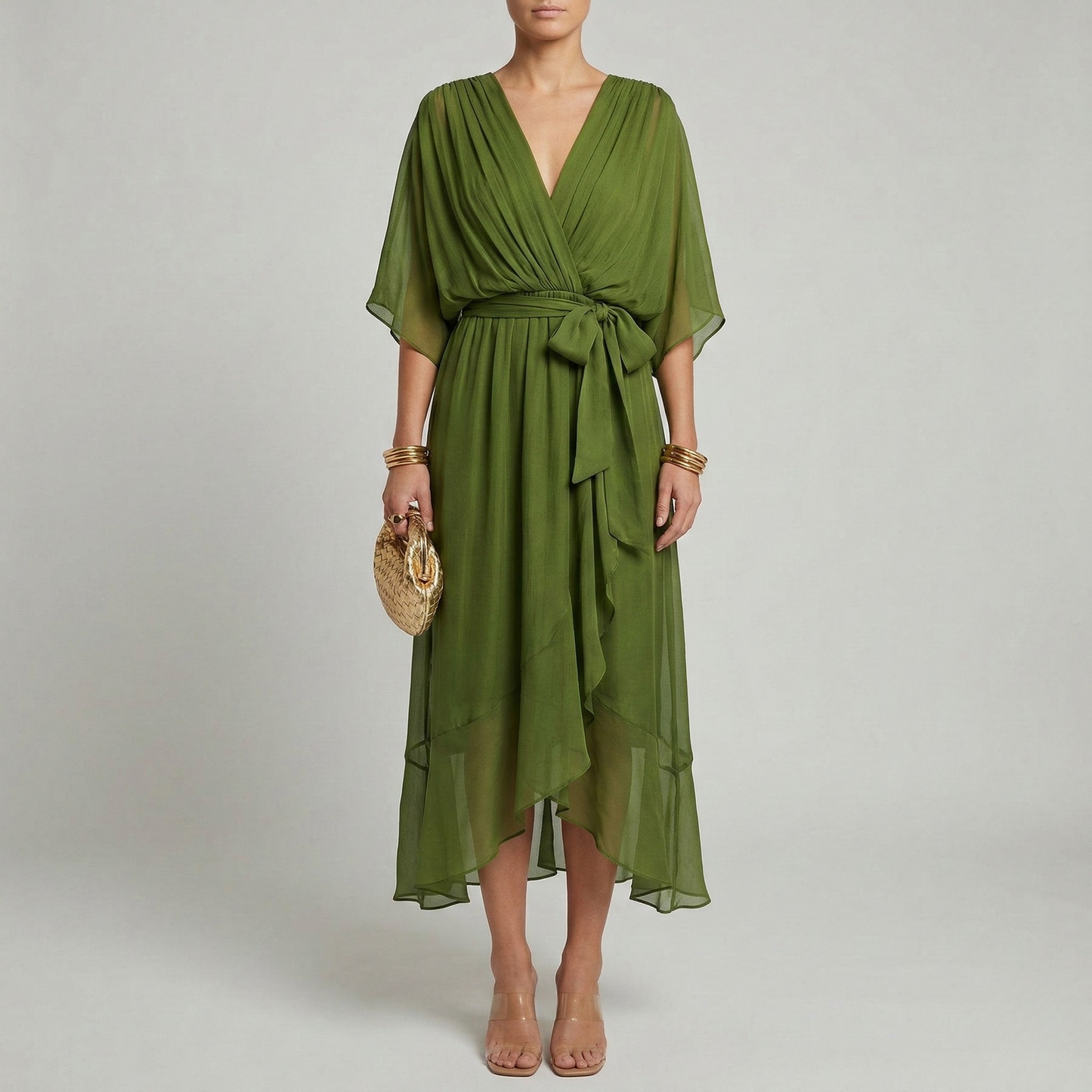 Women's Maxi Dress Chiffon with Wrap Front and Waist Belt Kimono Sleeves High-Low Hem V-Neck