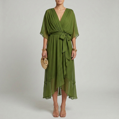 Women's Maxi Dress Chiffon with Wrap Front and Waist Belt Kimono Sleeves High-Low Hem V-Neck