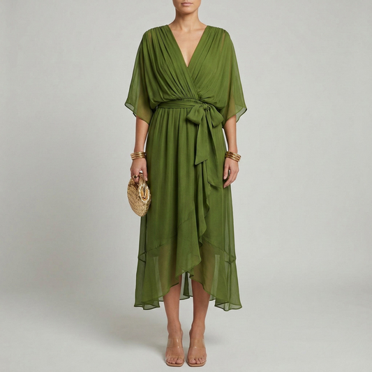 Women's Maxi Dress Chiffon with Wrap Front and Waist Belt Kimono Sleeves High-Low Hem V-Neck