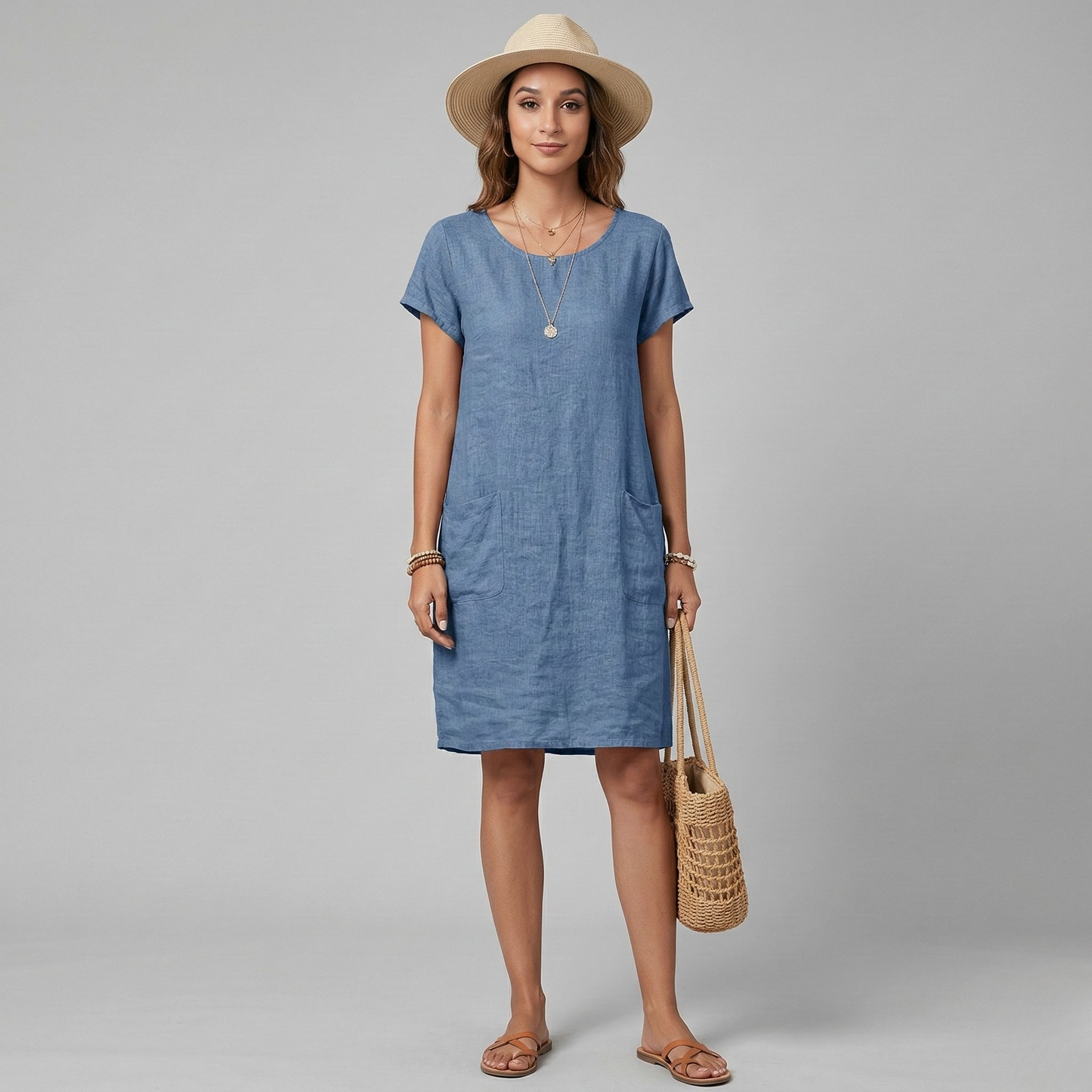 Women's Linen Summer Dress Short Sleeves with Round Neck and Patch Pockets Knee-Length Straight Cut