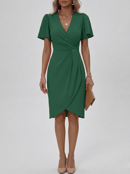 Women's Knee-Length Wrap Dress with V-Neck, Tulip Hem, Flutter Sleeves, Waist Ruching, made of Crepe