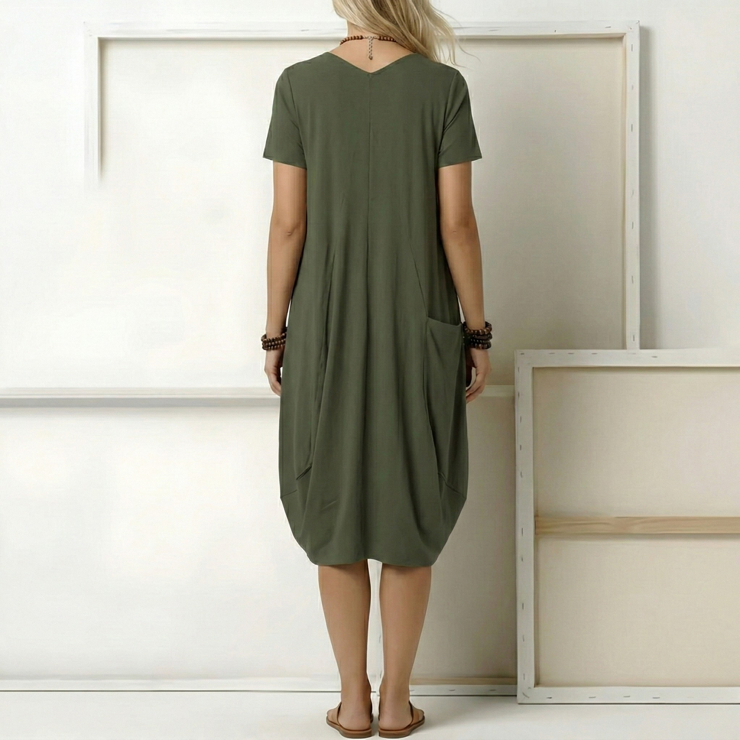 Women's Linen Midi Dress Short Sleeves Cocoon Cut Round Neck and Large Pockets