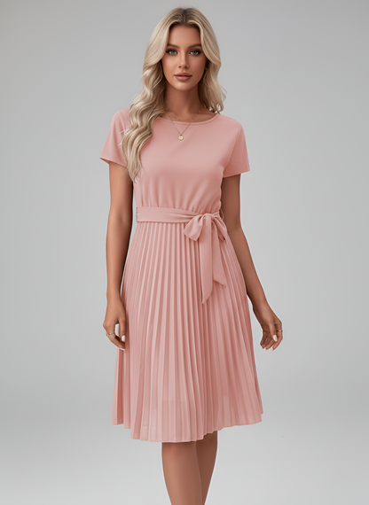 Women's Knee-Length Pleated Dress with Tie Belt Round Neck Short Sleeves Flowing Polyester