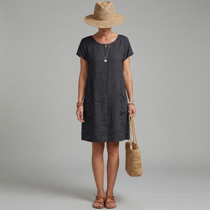 Women's Linen Summer Dress Short Sleeves with Round Neck and Patch Pockets Knee-Length Straight Cut