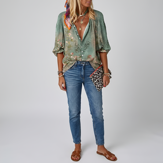 Women's Blouse with Vintage Botanical Print Button Placket and Bishop Sleeves Hip Length Lightweight Blend