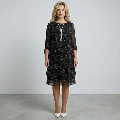 Women's Chiffon Midi Dress with Polka Dot Print, Tiered Skirt, and 3/4 Tie Sleeves in Drop Waist Cut