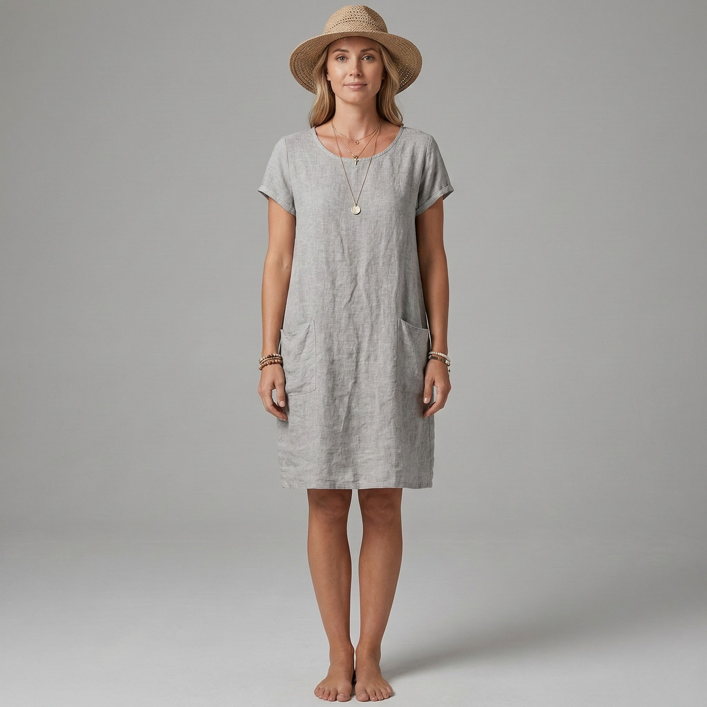 Women's Linen Summer Dress Short Sleeves with Round Neck and Patch Pockets Knee-Length Straight Cut