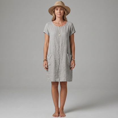 Women's Linen Summer Dress Short Sleeves with Round Neck and Patch Pockets Knee-Length Straight Cut