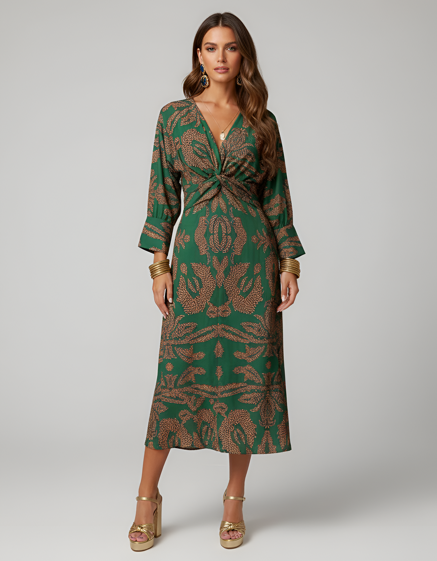 Women's Midi Dress with Twist Knot Ornamental Print V-Neck Balloon Sleeves and Empire Waist