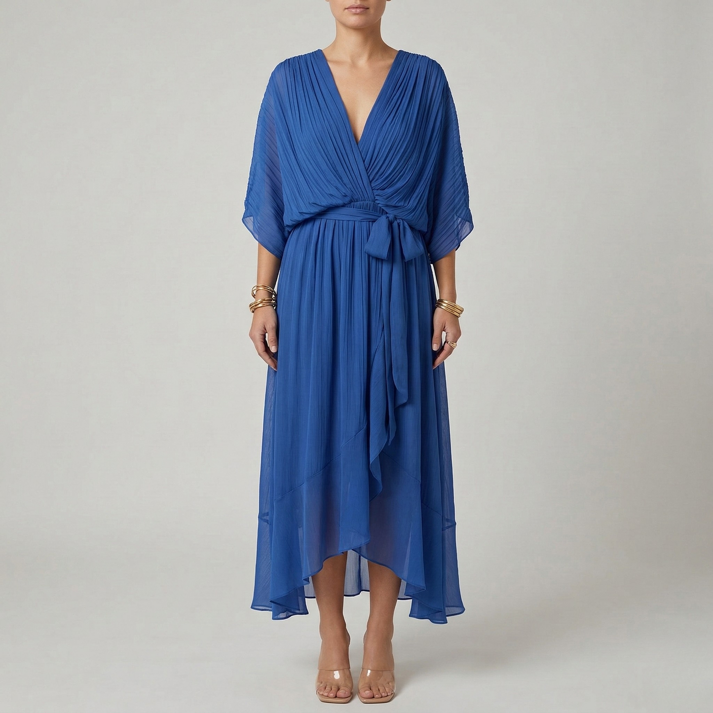 Women's Maxi Dress Chiffon with Wrap Front and Waist Belt Kimono Sleeves High-Low Hem V-Neck