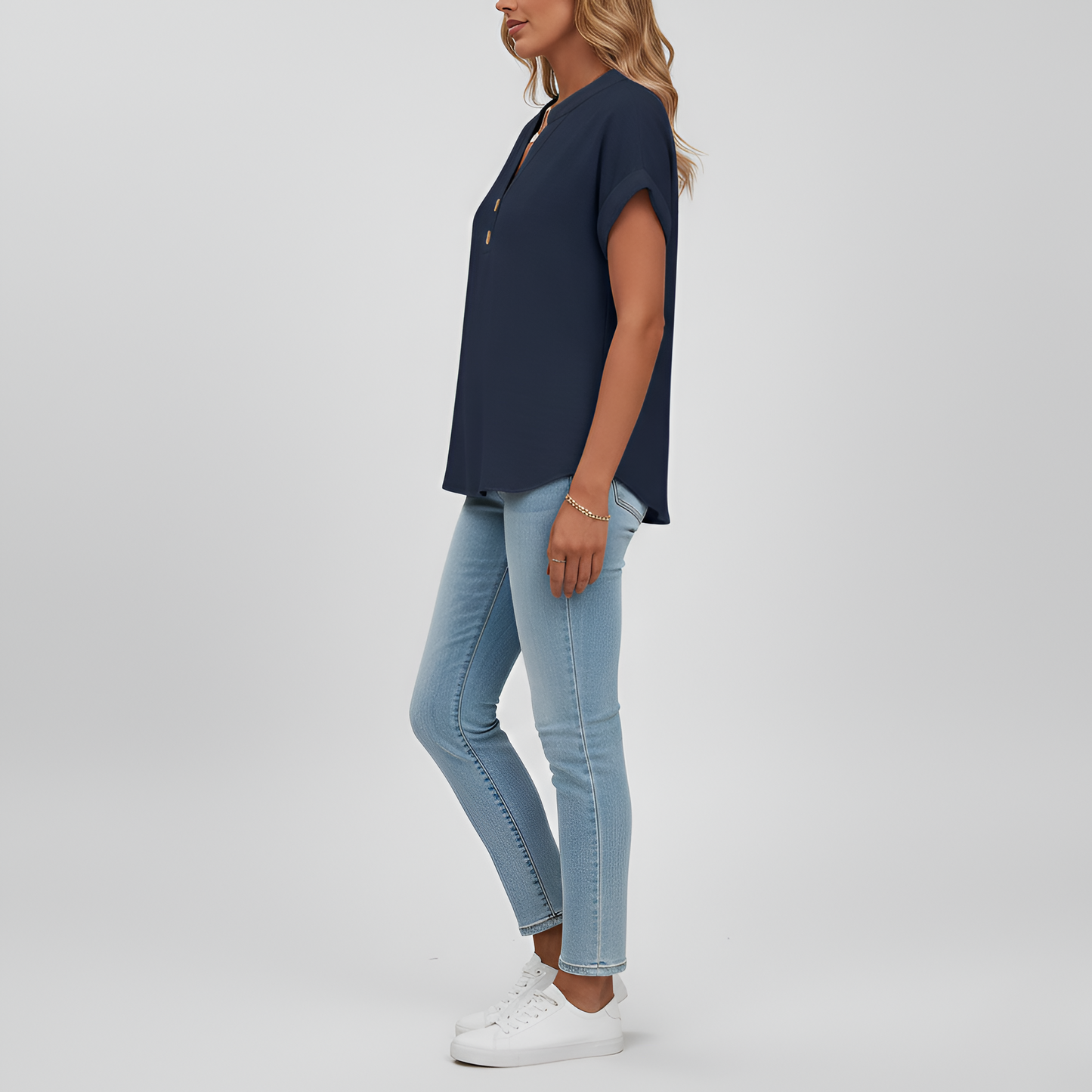 Women's Henley Blouse Cotton with V-Neck Stand Collar Short Sleeves with Cuff Hip Length Loose Fit