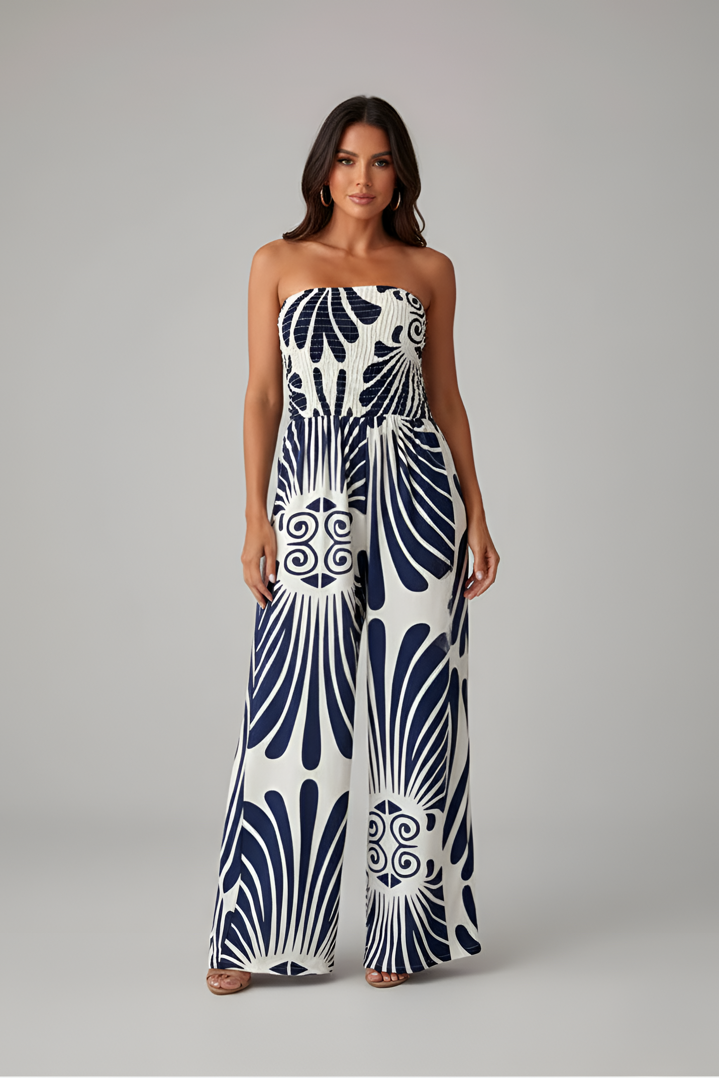Women's Bandeau Jumpsuit with Mandala Print, Smocked Bustier, Wide Palazzo Legs, Strapless Summer