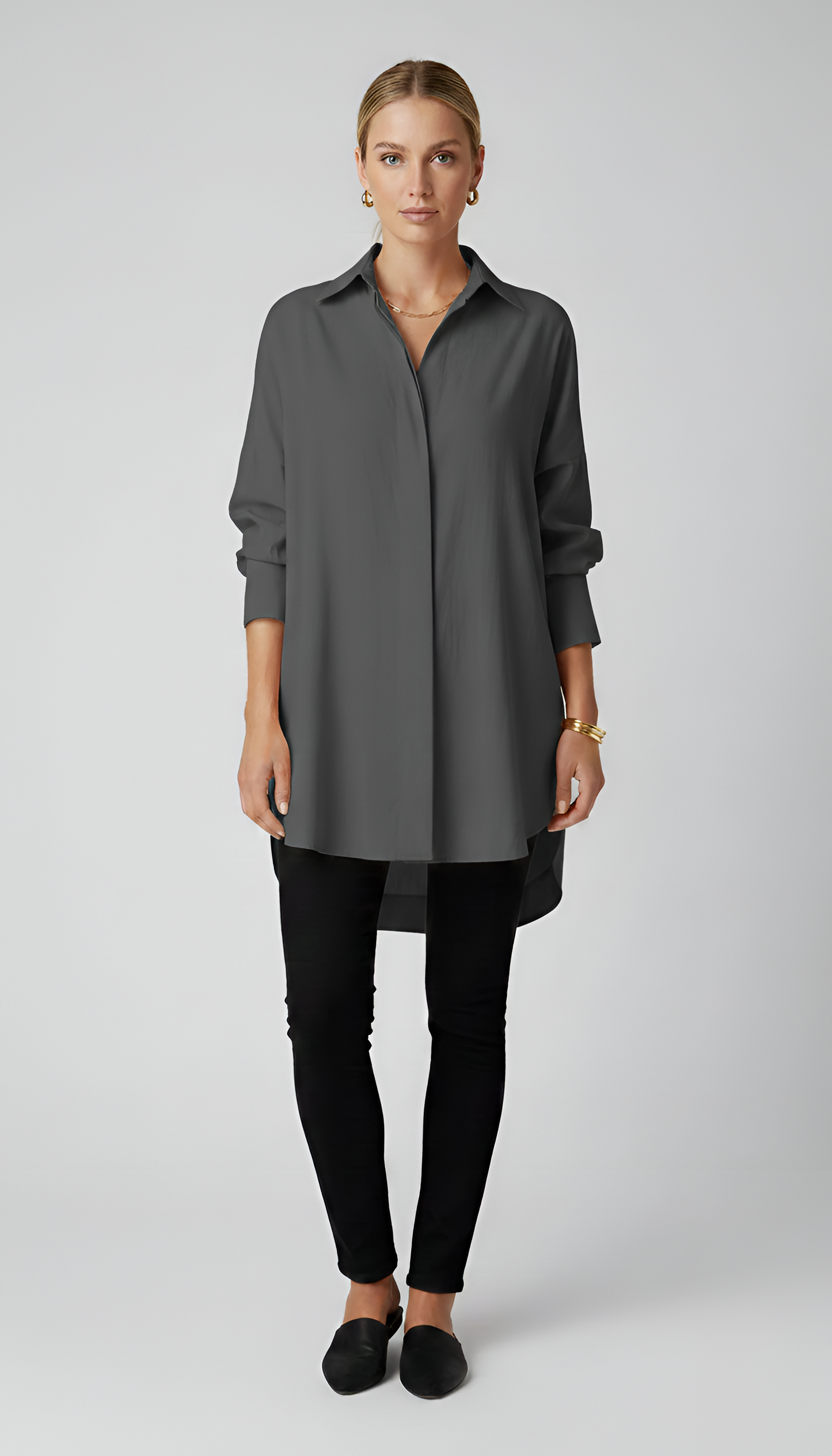 Women's Tunic Shirt Oversize Cotton with Hidden Button Placket Shirt Collar Long Sleeves