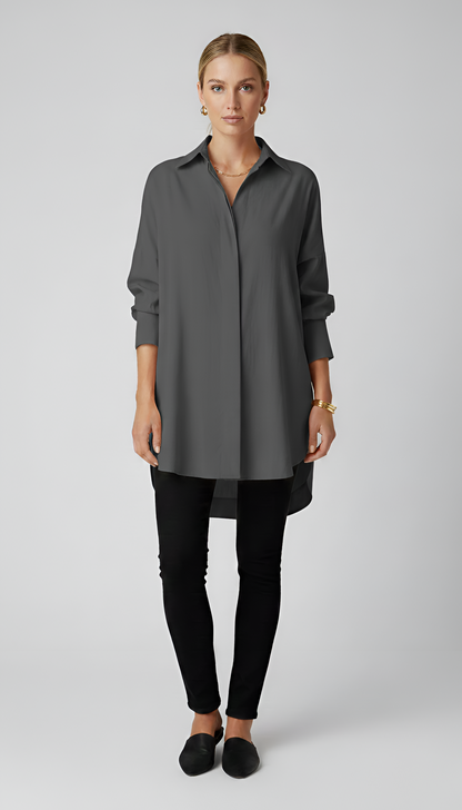 Women's Tunic Shirt Oversize Cotton with Hidden Button Placket Shirt Collar Long Sleeves