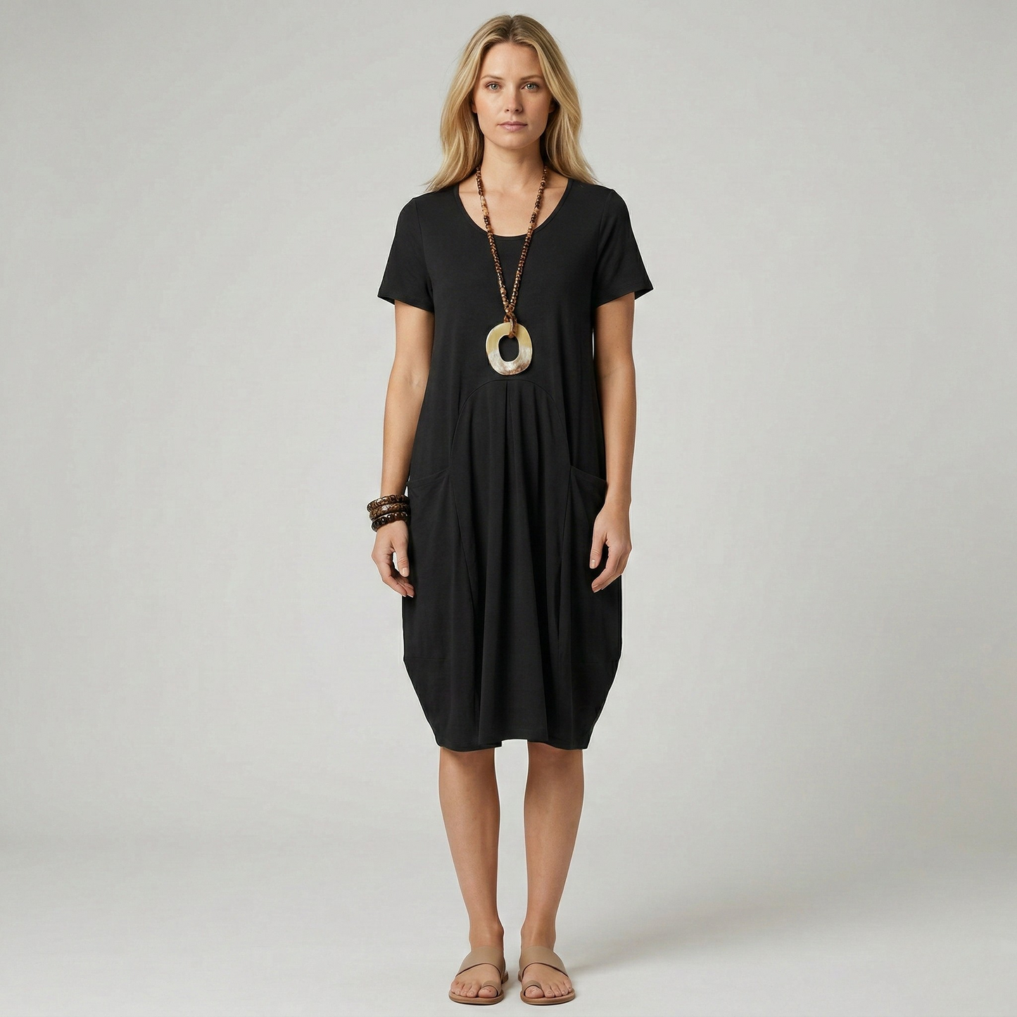 Women's Linen Midi Dress Short Sleeves Cocoon Cut Round Neck and Large Pockets