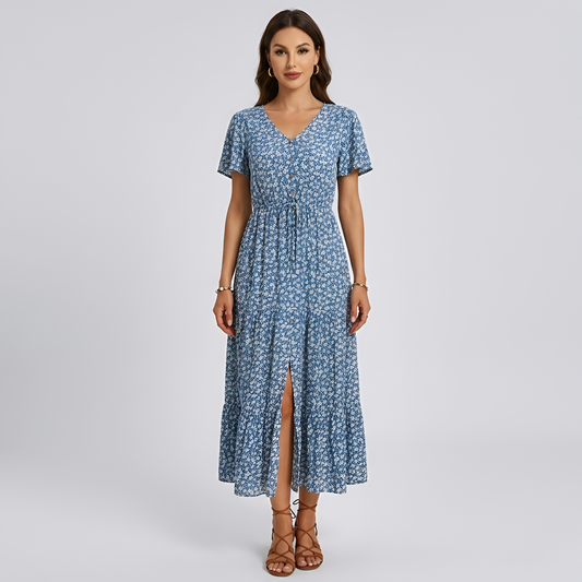 Women's Maxi Dress with Ditsy Floral Print, Button Front, Tie Belt, V-Neck, Flutter Sleeves, Front Slit