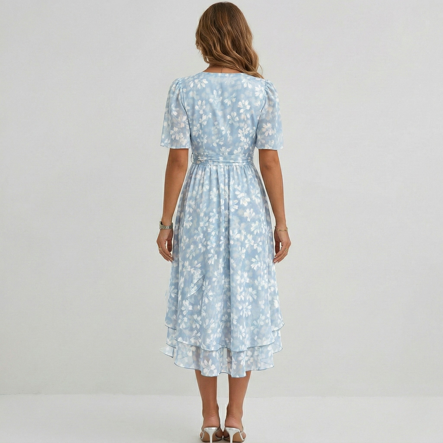 Women's Midi Dress with Floral Pattern V Wrap Neck Flutter Sleeves and Hi-Low Hem Chiffon