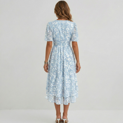 Women's Midi Dress with Floral Pattern V Wrap Neck Flutter Sleeves and Hi-Low Hem Chiffon