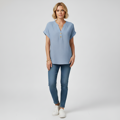 Women's Henley Blouse Cotton with V-Neck Stand Collar Short Sleeves with Cuff Hip Length Loose Fit