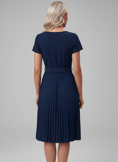 Women's Knee-Length Pleated Dress with Tie Belt Round Neck Short Sleeves Flowing Polyester