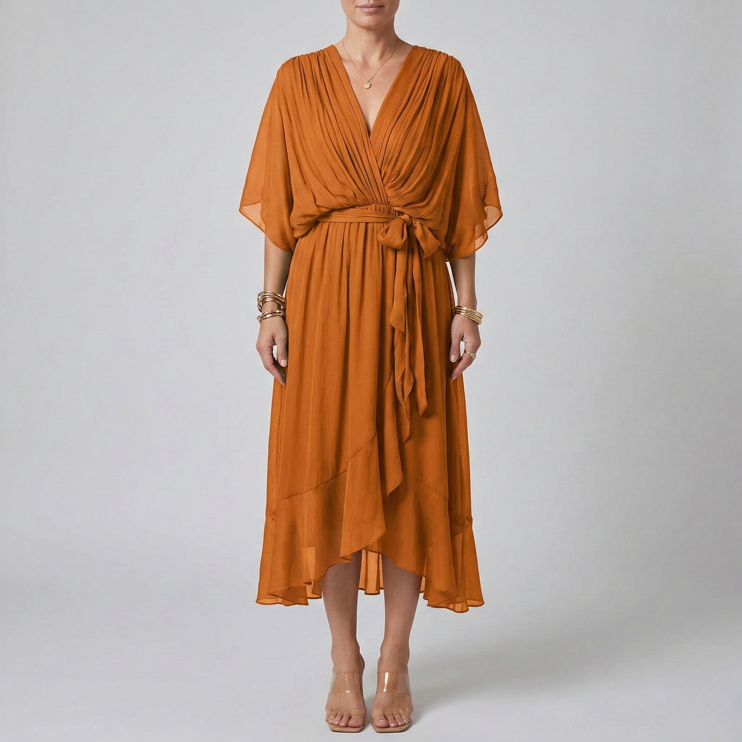 Women's Maxi Dress Chiffon with Wrap Front and Waist Belt Kimono Sleeves High-Low Hem V-Neck