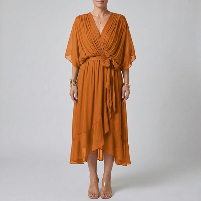 Women's Maxi Dress Chiffon with Wrap Front and Waist Belt Kimono Sleeves High-Low Hem V-Neck